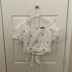 Shein White Puff Sleeve Top with Yellow Floral Embroidery